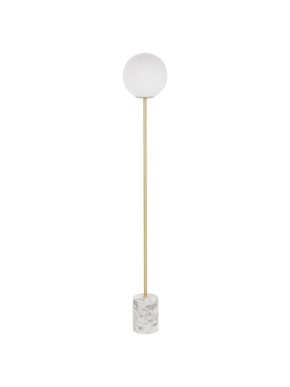 Stehlampe Cory mit Marmorfuß, Lampenschirm: Glas, Gestell: Metall, vermessingt, Lampenfuß: Marmor, Weiß, Messing, Ø 25 x H 160 cm