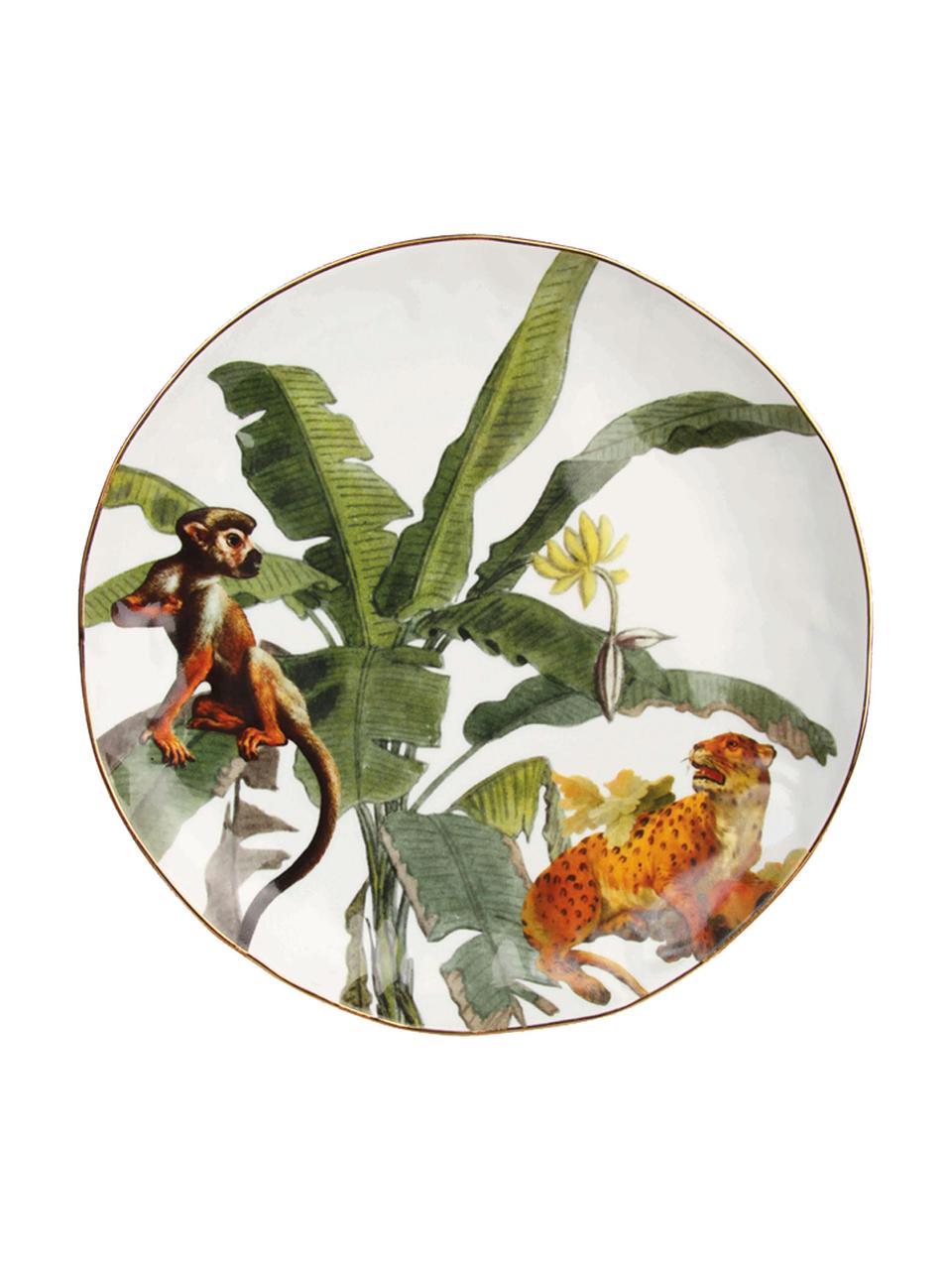 Frühstücksteller Animaux mit Goldrand und tropischen Motiven, 4er-Set, Porzellan, Mehrfarbig, Ø 20 cm
