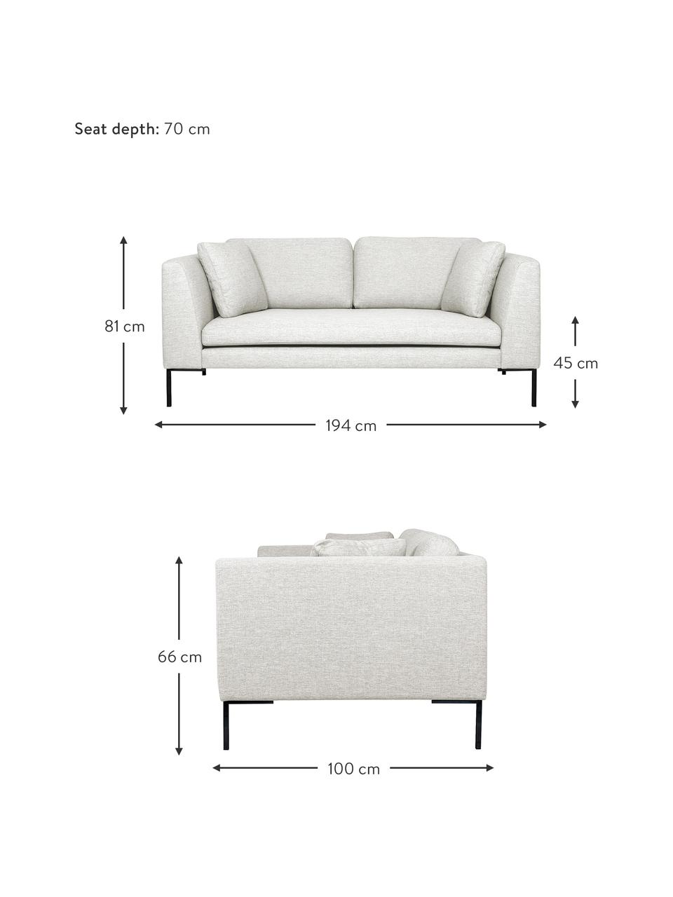 Canapé 2 places avec pieds en métal Emma, Tissu blanc crème, larg. 194 x prof. 100 cm