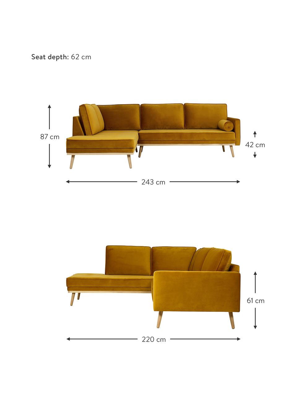 Samt-Ecksofa Saint (3-Sitzer) in Senfgelb mit Eichenholz-Füßen, Bezug: Samt (Polyester) Der hoch, Gestell: Massives Eichenholz, Span, Samt Senfgelb, B 243 x T 220 cm