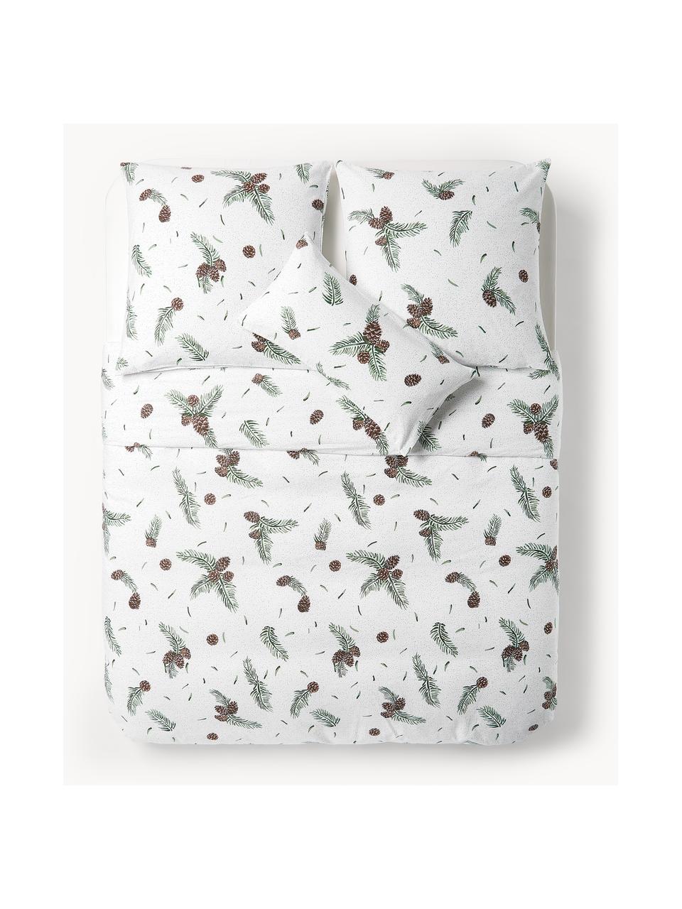 Funda nórdica de franela Pinecone, Blanco, verde, marrón, Cama 90 cm (155 x 220 cm)