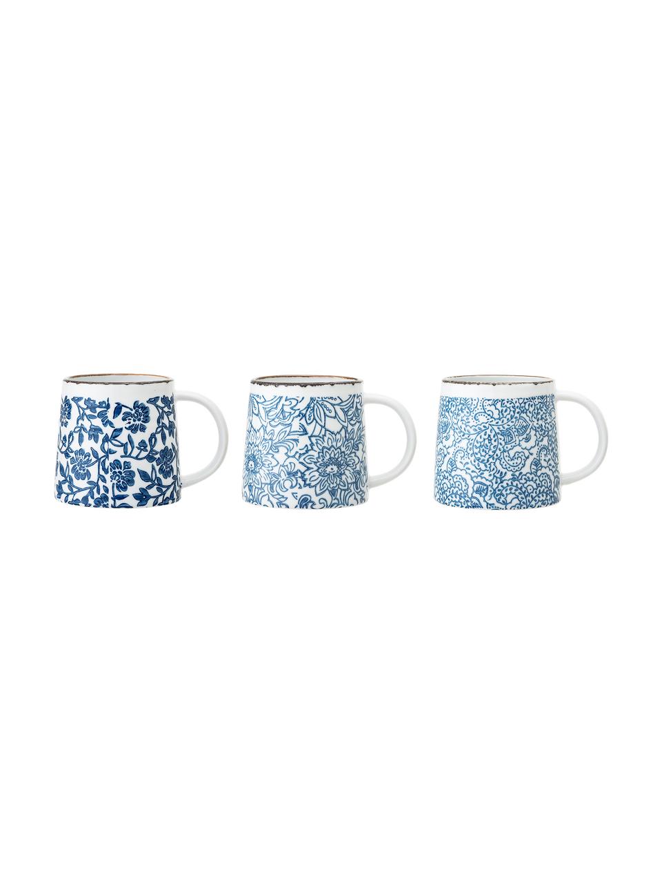 Set 3 tazze fatte a mano con motivo floreale blu Molly, Gres, Bianco, tonalità blu, Ø 10 x Alt. 10 cm, 400 ml