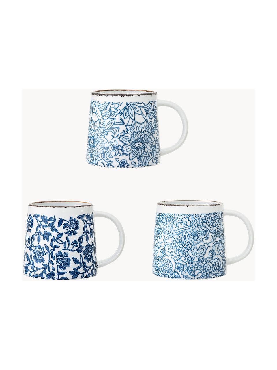 Handgemachte Tassen Molly mit Blumenmuster, 3er-Set, Steingut, Weiß, Blautöne, Ø 10 x H 10 cm, 400 ml