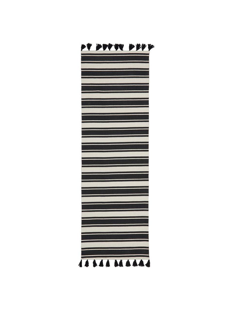 Tapis de couloir rayé noir beige Vigga, 100 % coton, Noir, beige, larg. 80 x long. 250 cm