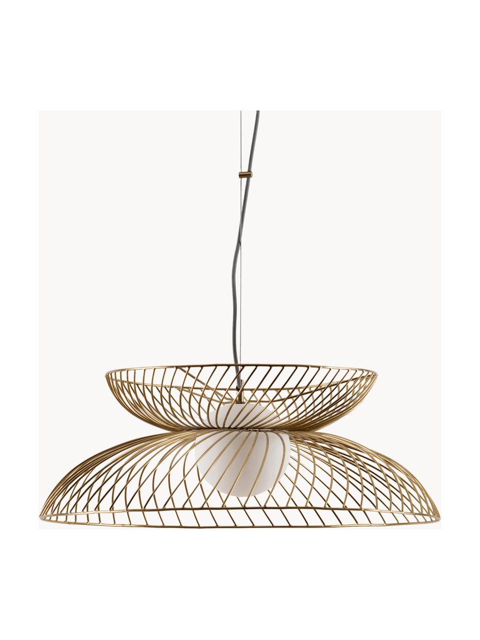 Lampada a sospensione grande con luce regolabile Cage, Paralume: vetro, Struttura: metallo rivestito, Bianco, dorato, Ø 62 x Alt. 122 cm