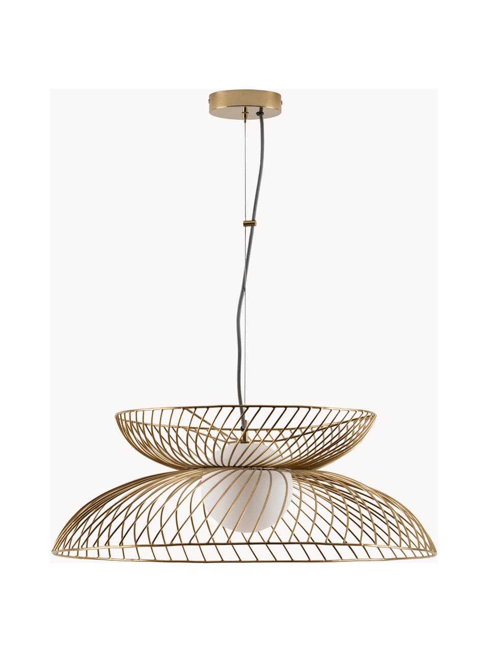 Lampada a sospensione grande con luce regolabile Cage, Paralume: vetro, Struttura: metallo rivestito, Bianco, dorato, Ø 62 x Alt. 122 cm