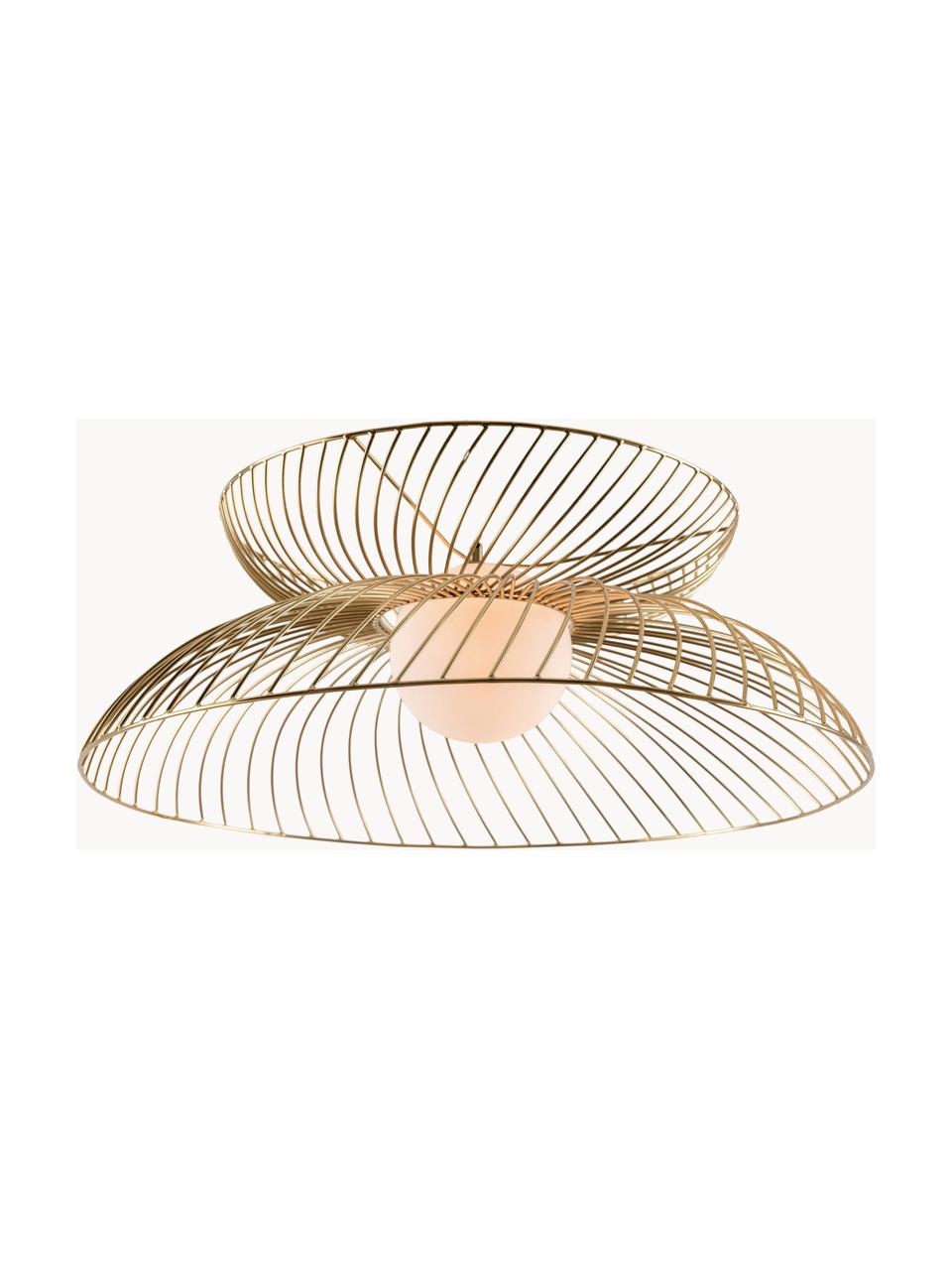 Lampada a sospensione grande con luce regolabile Cage, Paralume: vetro, Struttura: metallo rivestito, Bianco, dorato, Ø 62 x Alt. 122 cm