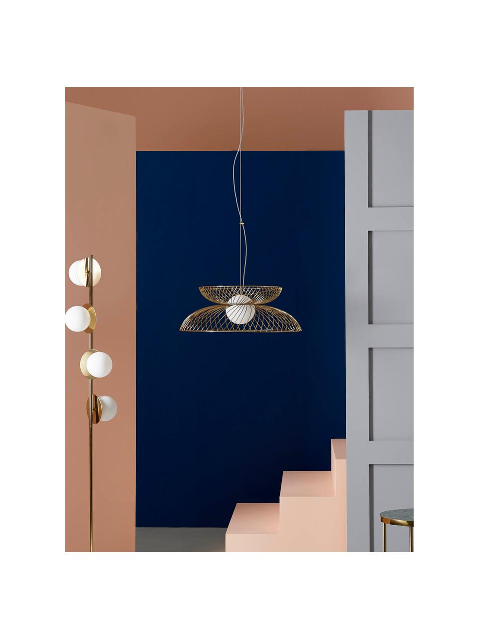 Lampada a sospensione grande con luce regolabile Cage, Paralume: vetro, Struttura: metallo rivestito, Bianco, dorato, Ø 62 x Alt. 122 cm