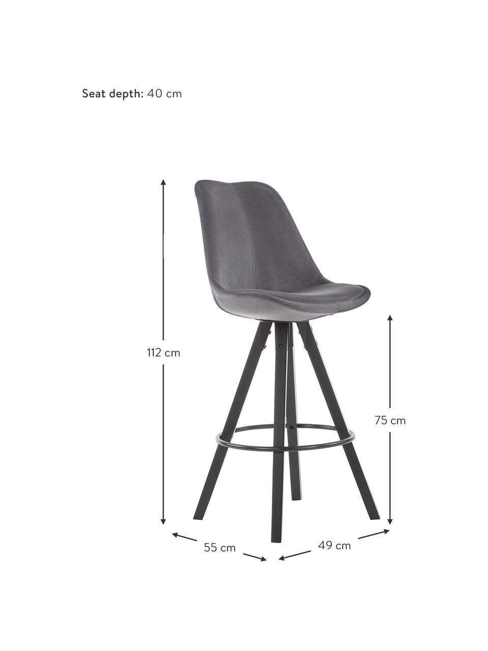 Fluwelen barkrukken Dima in grijs, 2 stuks, Bekleding: polyester fluweel, Poten: gelakt rubberhout, Fluweel donkergrijs, zwart, B 49 x H 112 cm