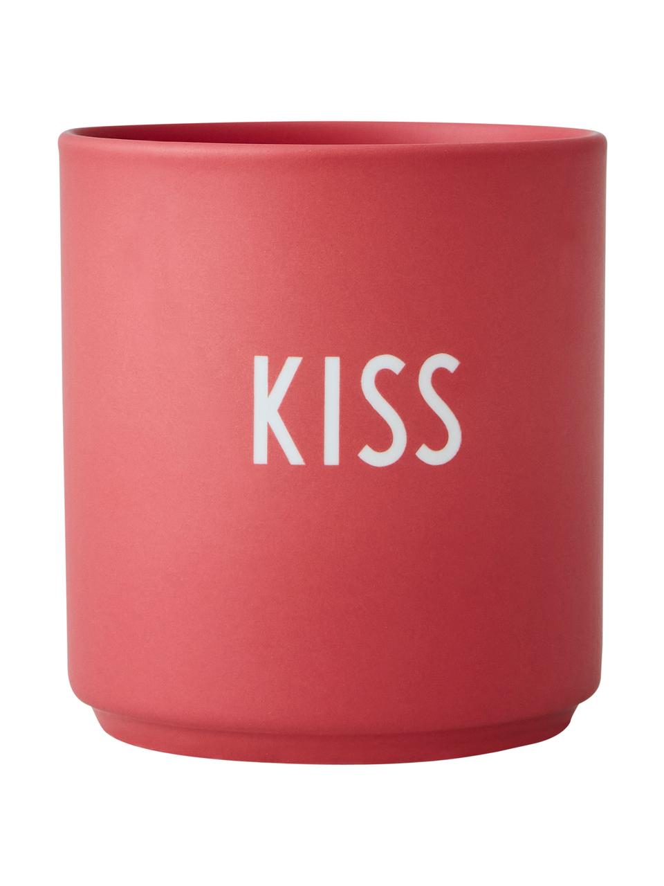 Designový pohárek s nápisem Favourite KISS, Matná korálově červená, bílá