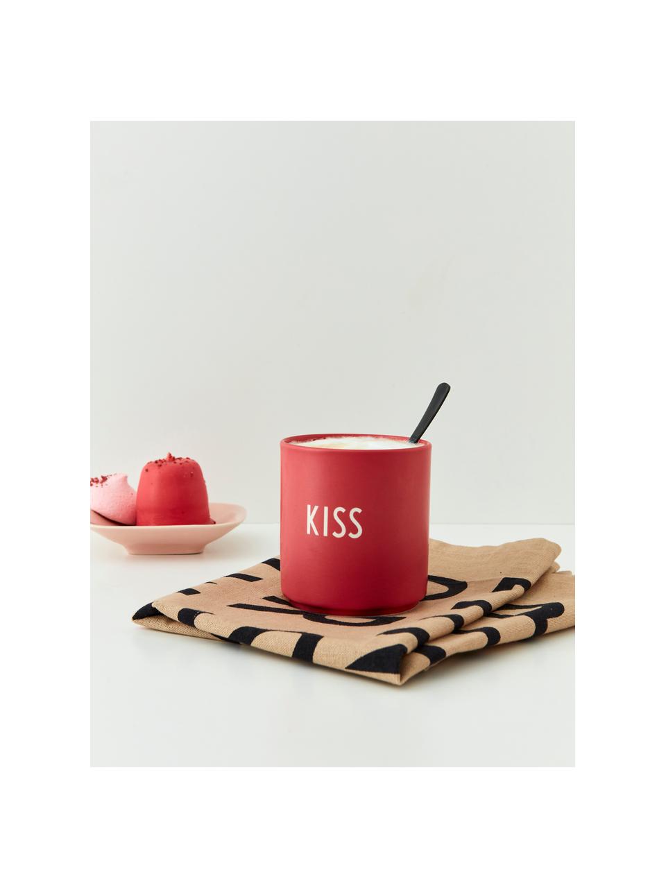 Designový pohárek s nápisem Favourite KISS, Matná korálově červená, bílá