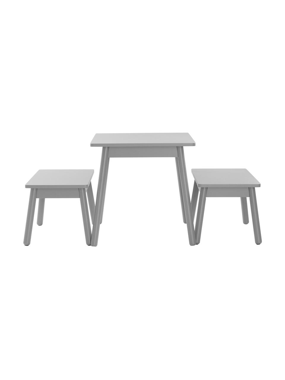 Set de mesa y taburetes infantiles Kinna Mini, 3 pzas., Madera de pino, tablero de fibras de densidad media (MDF), Gris, Set de diferentes tamaños