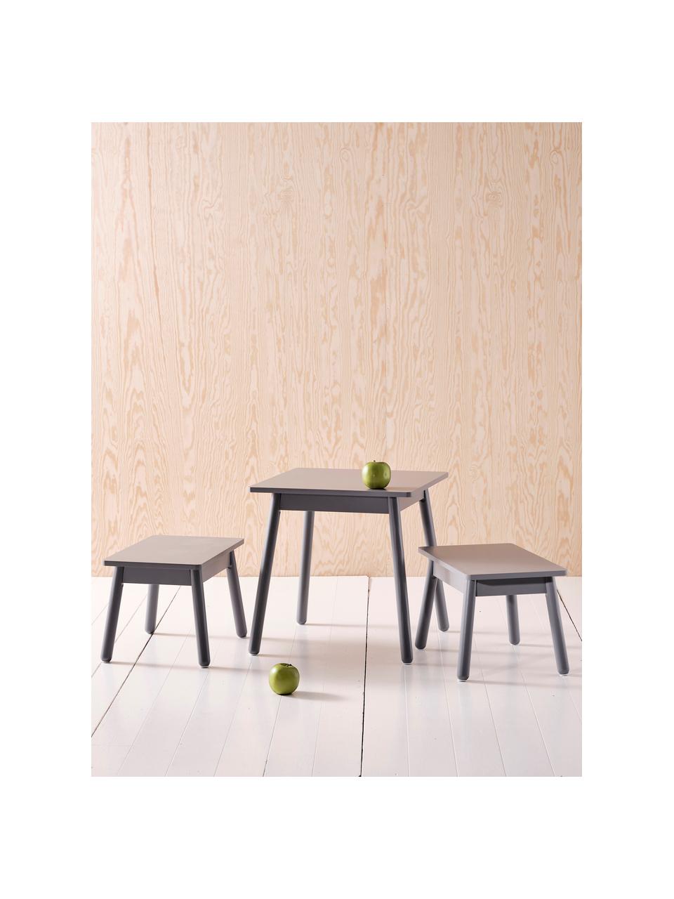 Set de mesa y taburetes infantiles Kinna Mini, 3 pzas., Madera de pino, tablero de fibras de densidad media (MDF), Gris, Set de diferentes tamaños