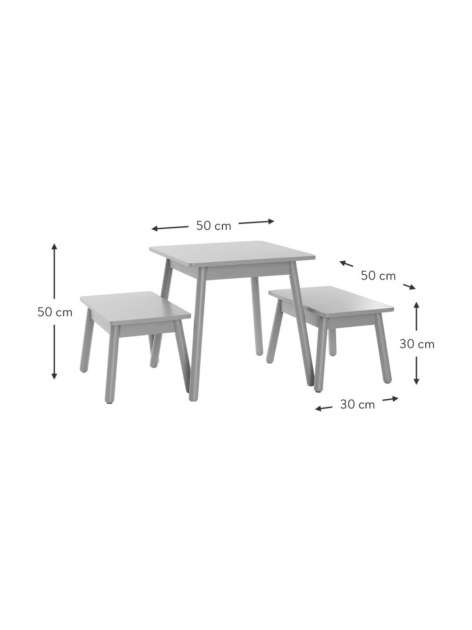Set de mesa y taburetes infantiles Kinna Mini, 3 pzas., Madera de pino, tablero de fibras de densidad media (MDF), Gris, Set de diferentes tamaños