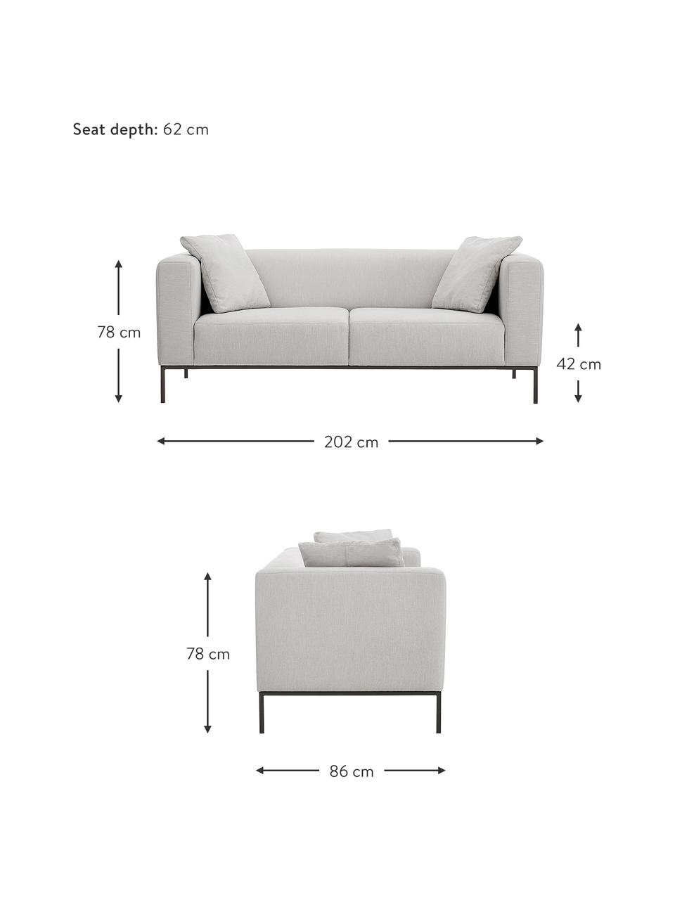 Canapé 3 places pieds en métal Carrie, Tissu gris, larg. 202 x prof. 86 cm