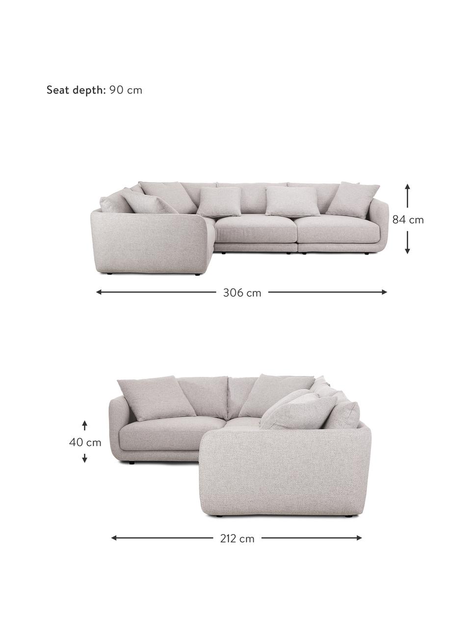 Modulares Ecksofa Jasmin in Hellgrau, Bezug: 100% Polyester Der hochwe, Gestell: Massives Fichtenholz FSC-, Webstoff Hellgrau, B 306 x H 84 cm