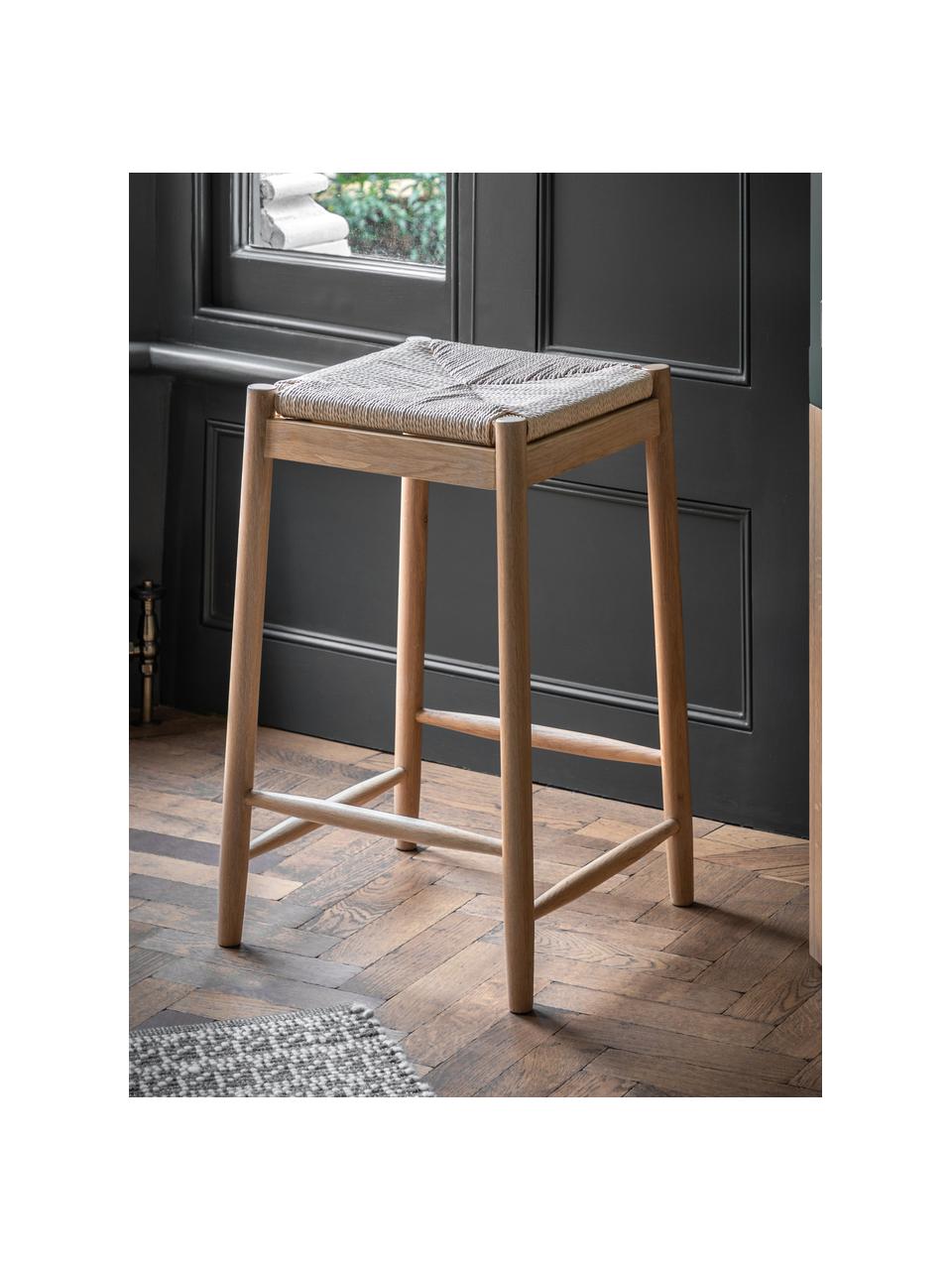 Handgefertigter Hocker Eton aus Eichenholz, Gestell: Eichenholz, Sitzfläche: Binsengeflecht, Eichenholz, Hellbeige, B 44 x H 65 cm