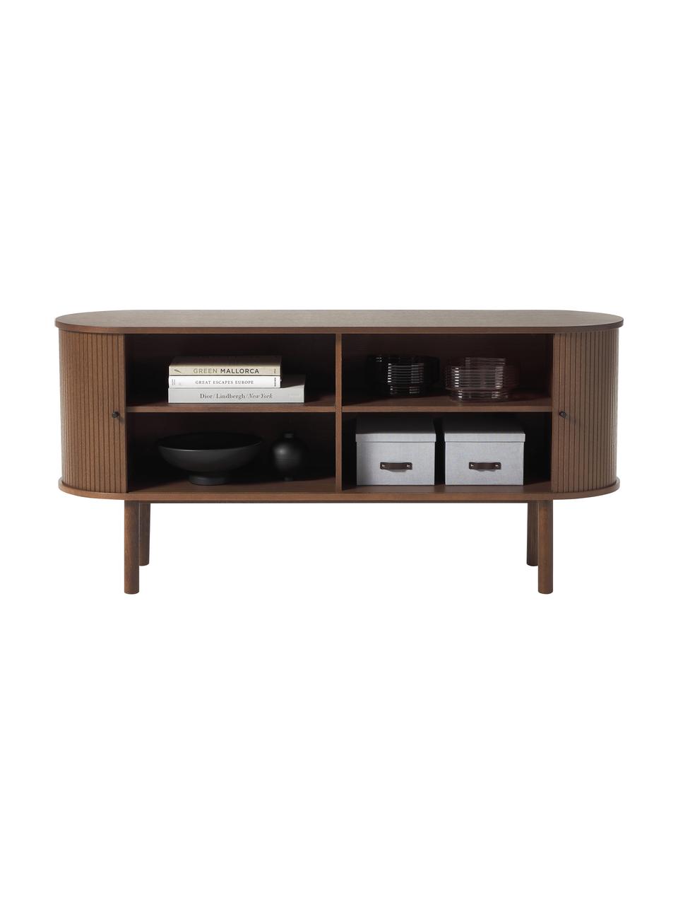 Credenza con fronte scanalato Calary, Gambe: legno massiccio di querci, Legno effetto noce, Larg. 160 x Alt. 75 cm
