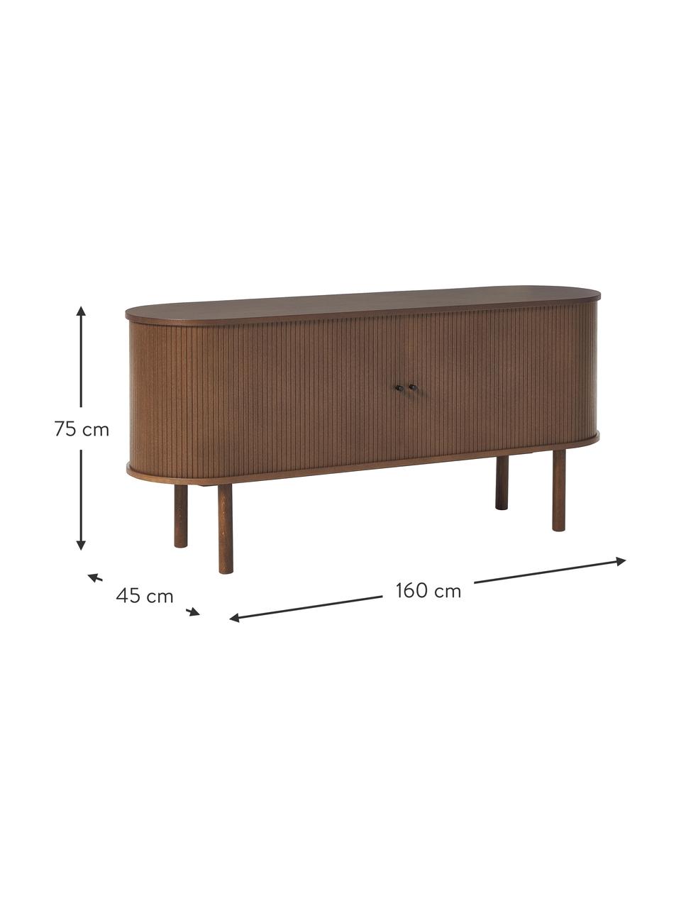 Credenza con fronte scanalato Calary, Gambe: legno massiccio di querci, Legno effetto noce, Larg. 160 x Alt. 75 cm