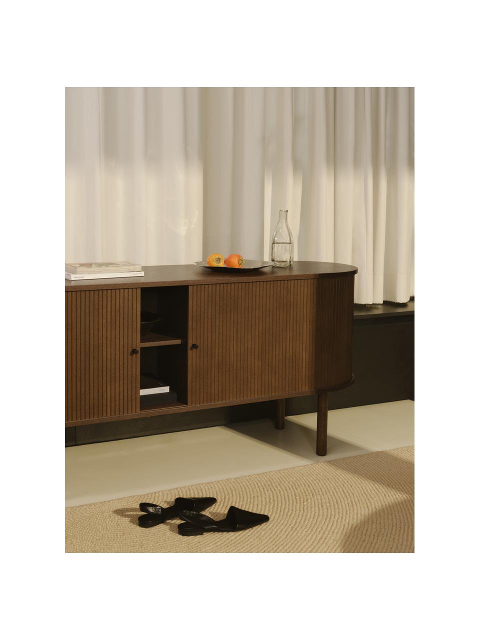 Credenza con frontale millerighe Calary, Gambe: legno di quercia massicci, Legno di quercia laccato marrone scuro, Larg. 160 x Alt. 75 cm