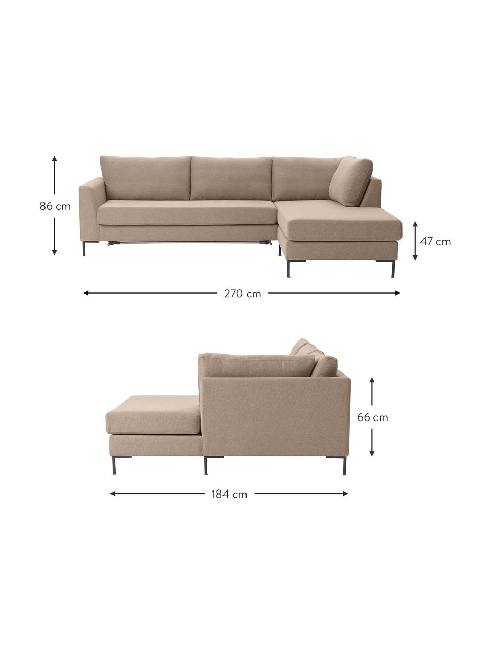 Rozkładana sofa narożna z metalowymi nogami Luna, Tapicerka: 100% poliester, certyfika, Stelaż: lite drewno bukowe, drewn, Nogi: metal galwanizowany, Brązowa tkanina, S 270 x G 184 cm, prawostronna