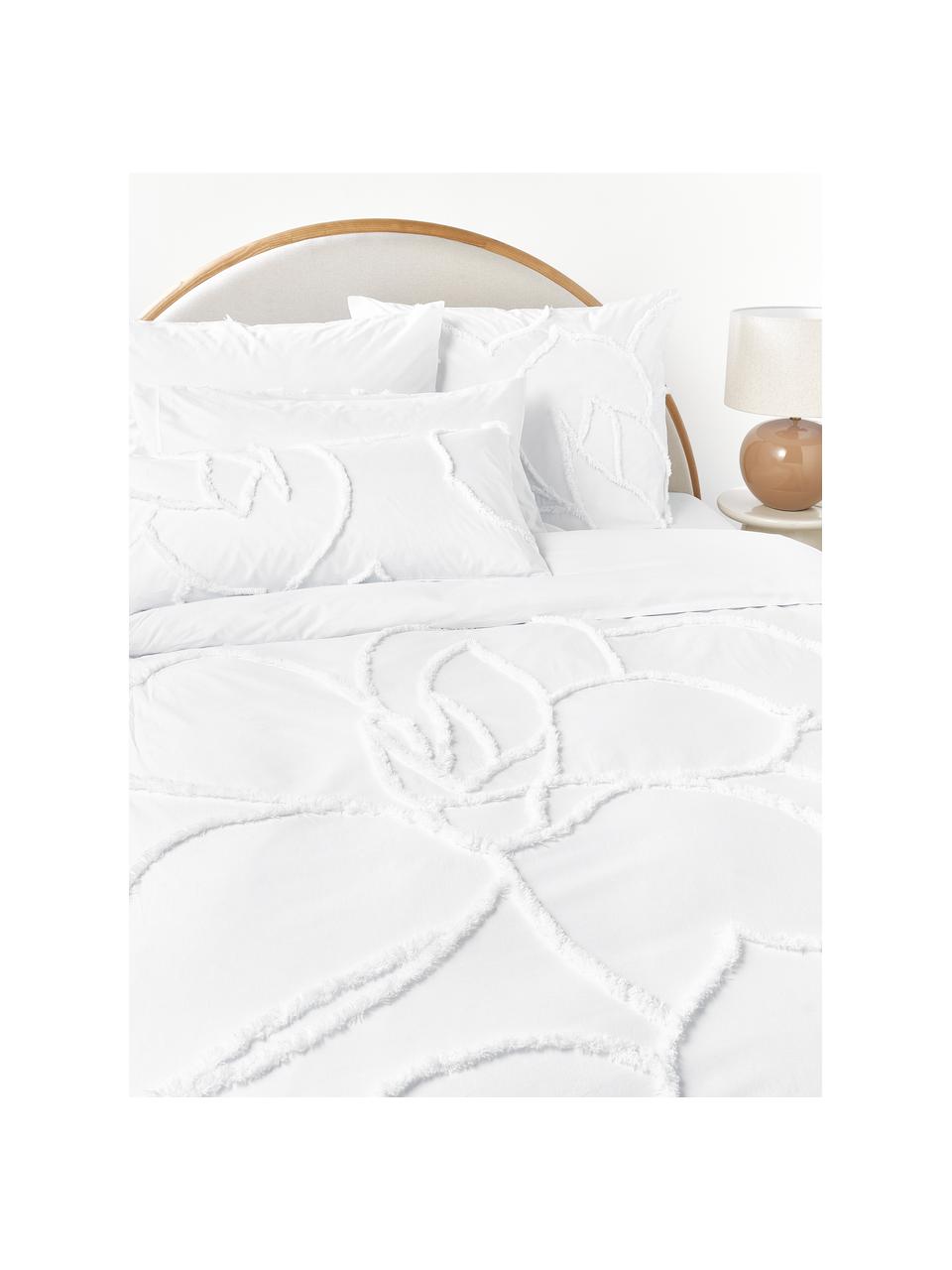 Funda de almohada de percal de algodón con decoración de penachos Madeline, Blanco, An 45 x Al 110 cm