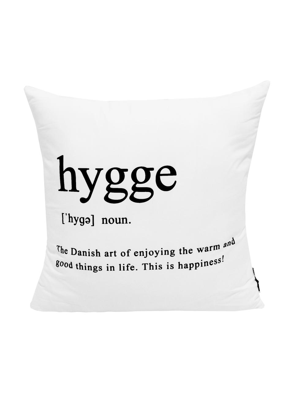 Kissenhülle Hygge in Schwarz/Weiss mit Schriftzug, 100% Polyester, Schwarz, Weiss, 45 x 45 cm