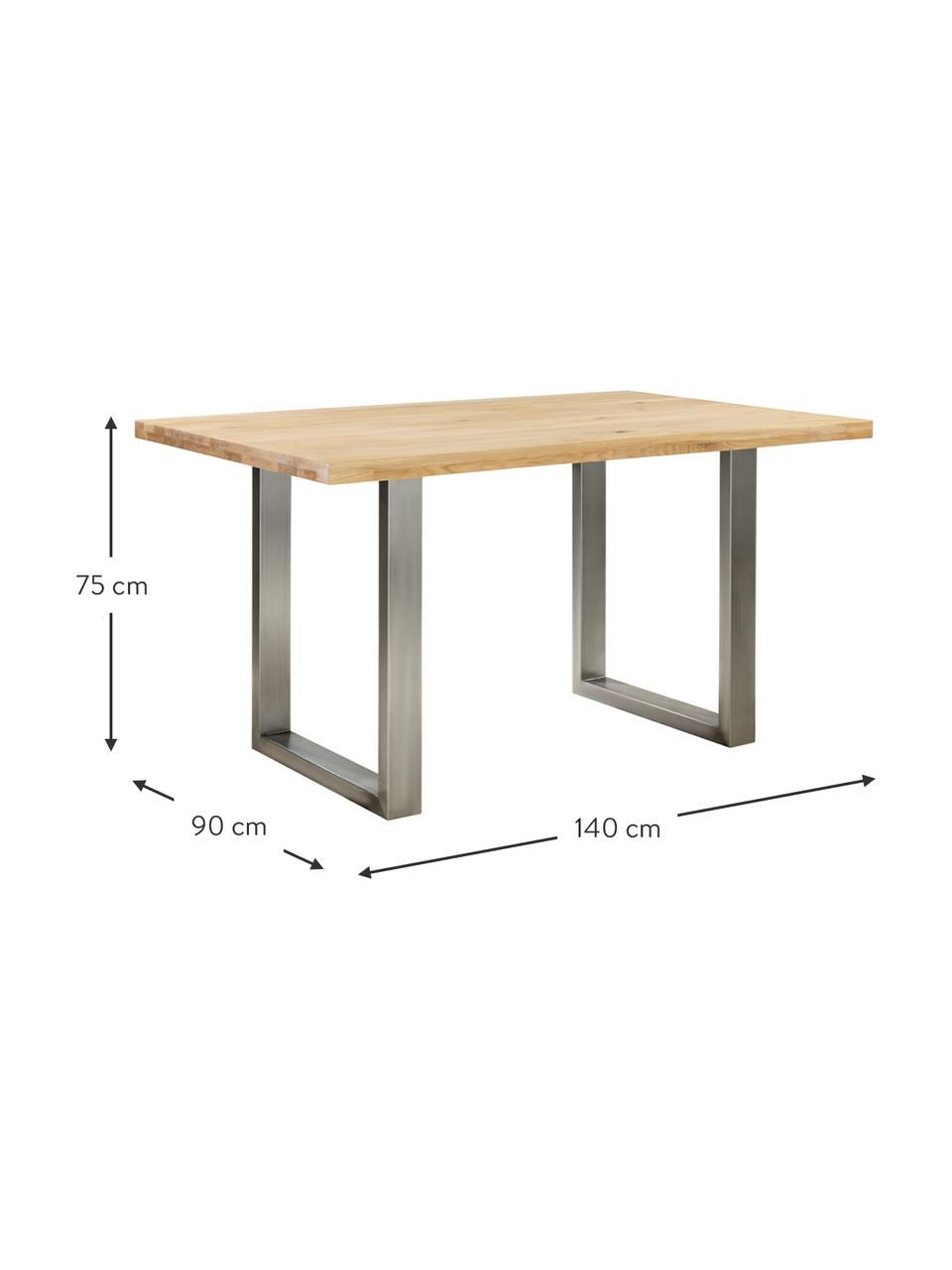 Eettafel Oliver met massief houten blad, Tafelblad: geolied massief wild eike, Poten: gelakt metaal, Wild eiken, edelstaalkleurig, B 180 x D 90 cm