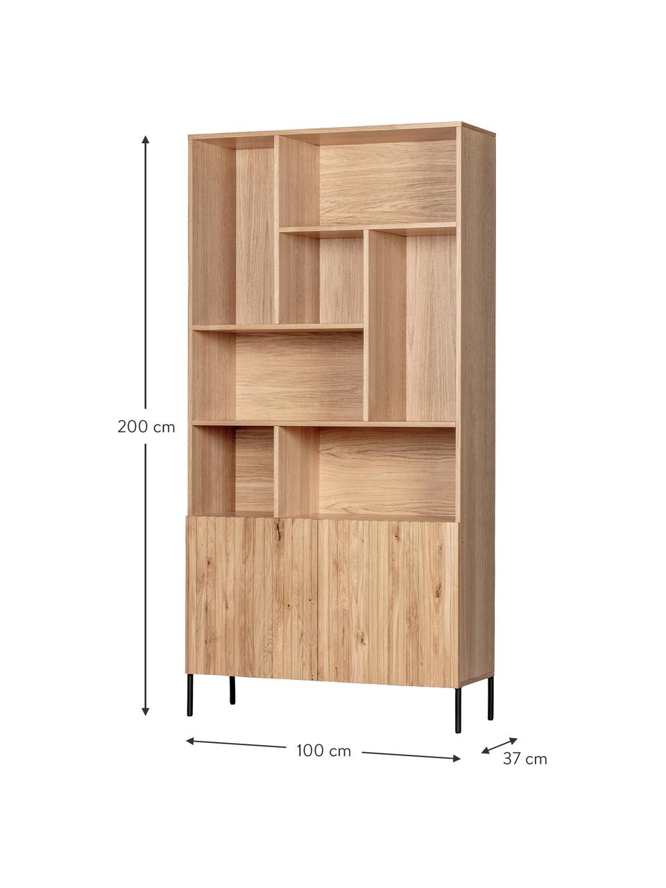 Libreria in legno di quercia con vano portaoggetti Gravure, Struttura: legno di quercia massicci, Piedini: metallo verniciato, Ripiani: compensato laminato, Legno di quercia, Larg. 100 x Alt. 200 cm