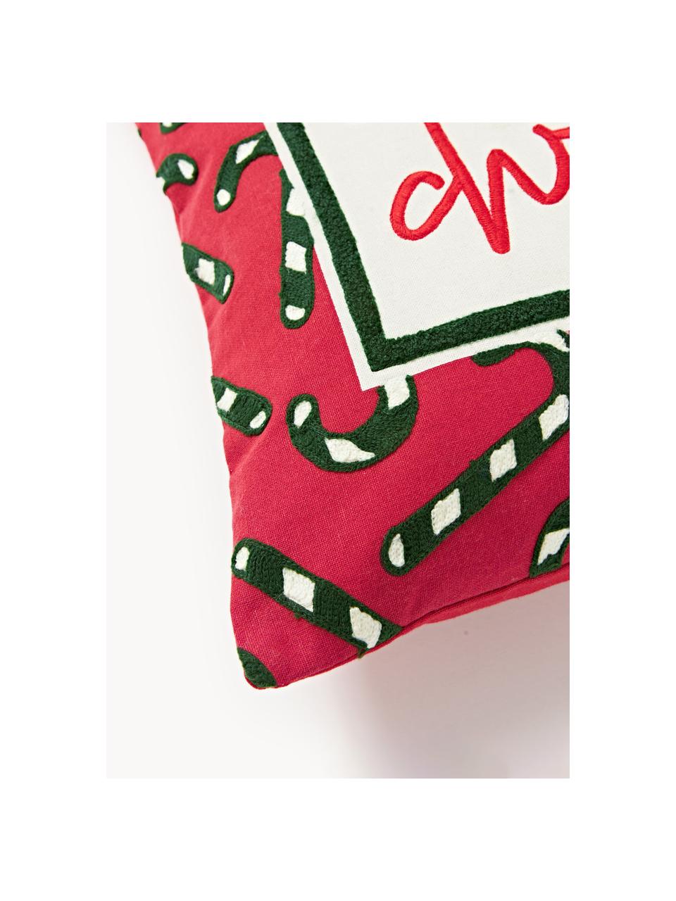 Housse de coussin avec slogan brodé Whatever, Rouge, vert foncé, larg. 50 x long. 50 cm