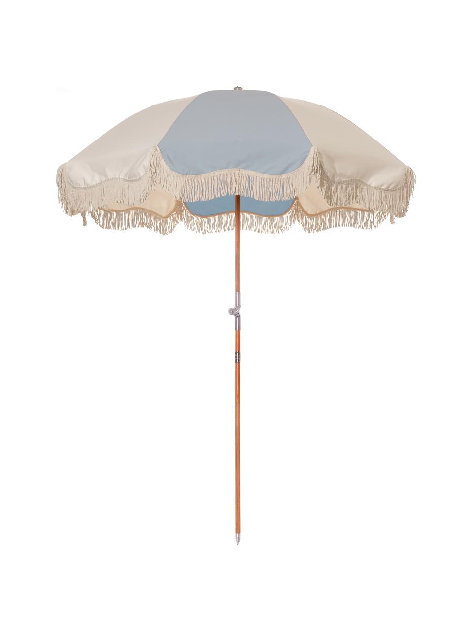Parasol bleu à franges 70's, inclinable, Bleu clair, blanc cassé, Ø 180 x haut. 230 cm