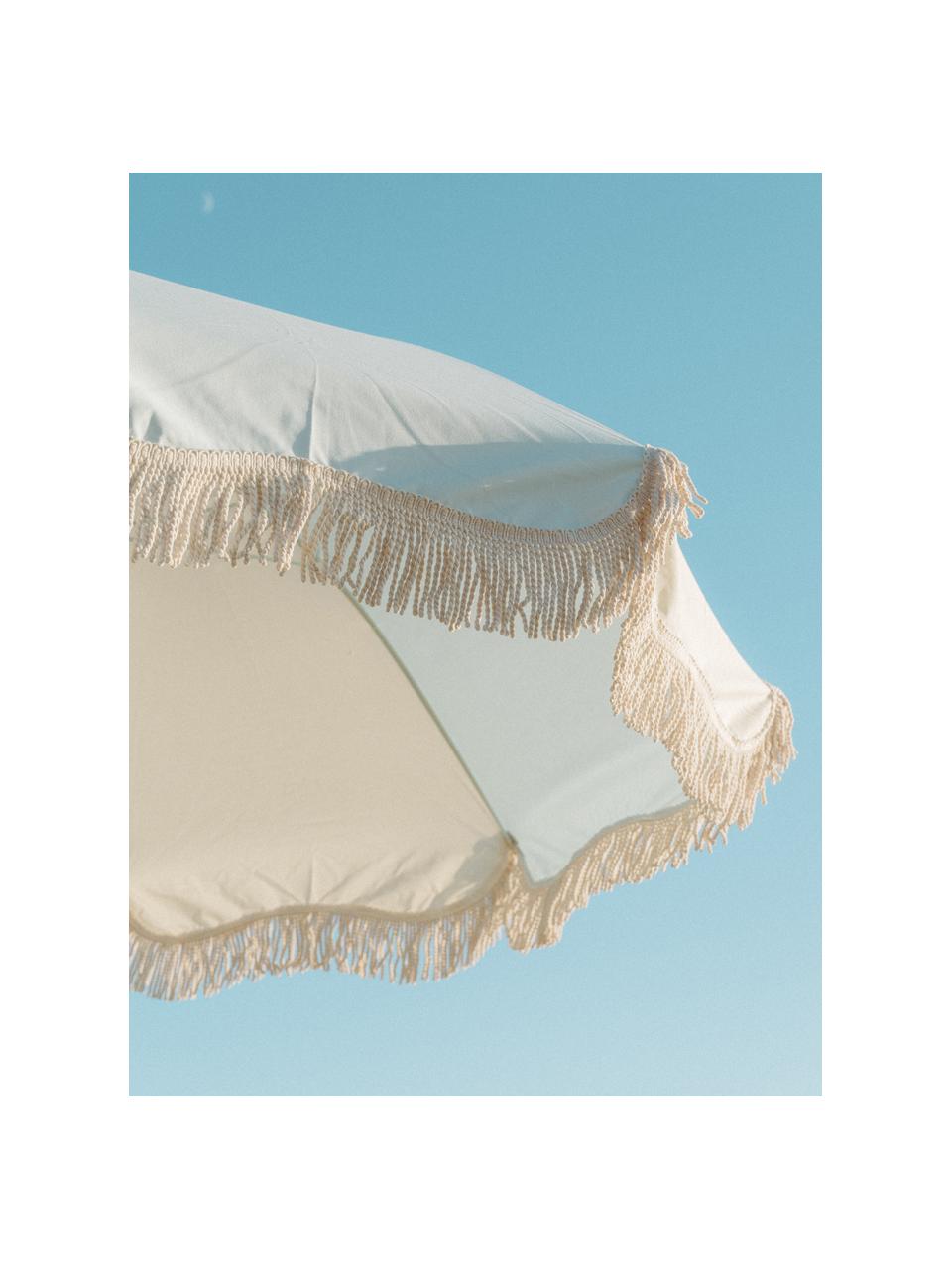 Sonnenschirm Retro mit Fransen, abknickbar, Gestell: Holz, laminiert, Fransen: Baumwolle, Hellblau, Cremeweiß, Ø 180 x H 230 cm