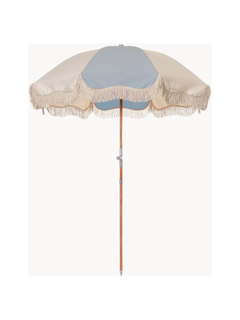 Parasol Retro met franjes, knikbaar, Frame: gelamineerd hout, Franjes: katoen, Lichtblauw, crèmewit, Ø 180 x H 230 cm