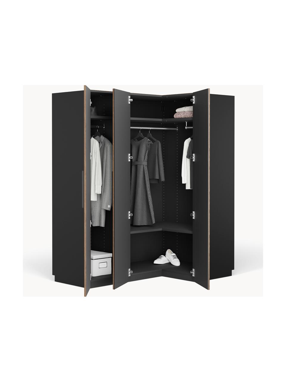 Armoire d'angle modulaire Simone, larg. 165 cm, plusieurs variantes, Aspect bois de noyer, noir, Basic Interior : larg. 165 x haut. 200 cm, avec module d'angle