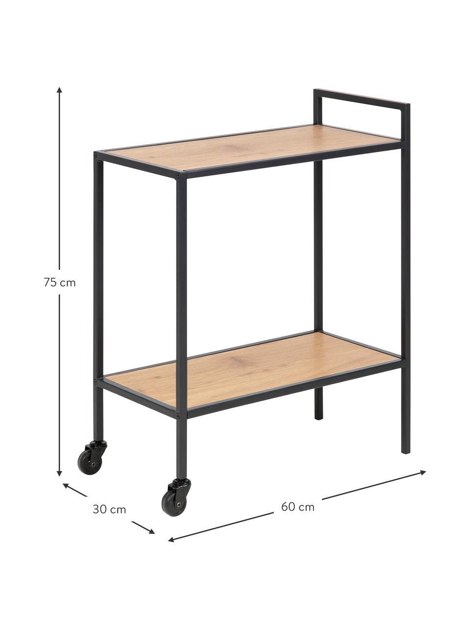 Bar cart Seaford van hout en metaal, Plateaus: MDF, Frame: gepoedercoat metaal, Hout, zwart, B 60 x H 75 cm