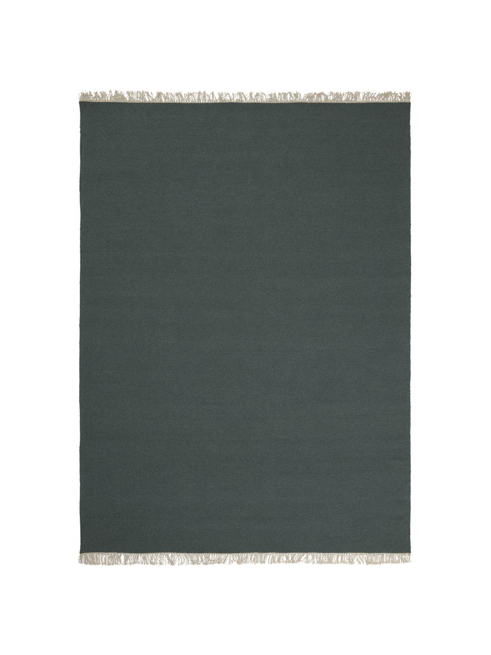 Tappeto kilim in lana verde scuro tessuto a mano con frange Rainbow, Frange: 100% cotone Nel caso dei , Verde, Larg. 170 x Lung. 240 cm (taglia M)