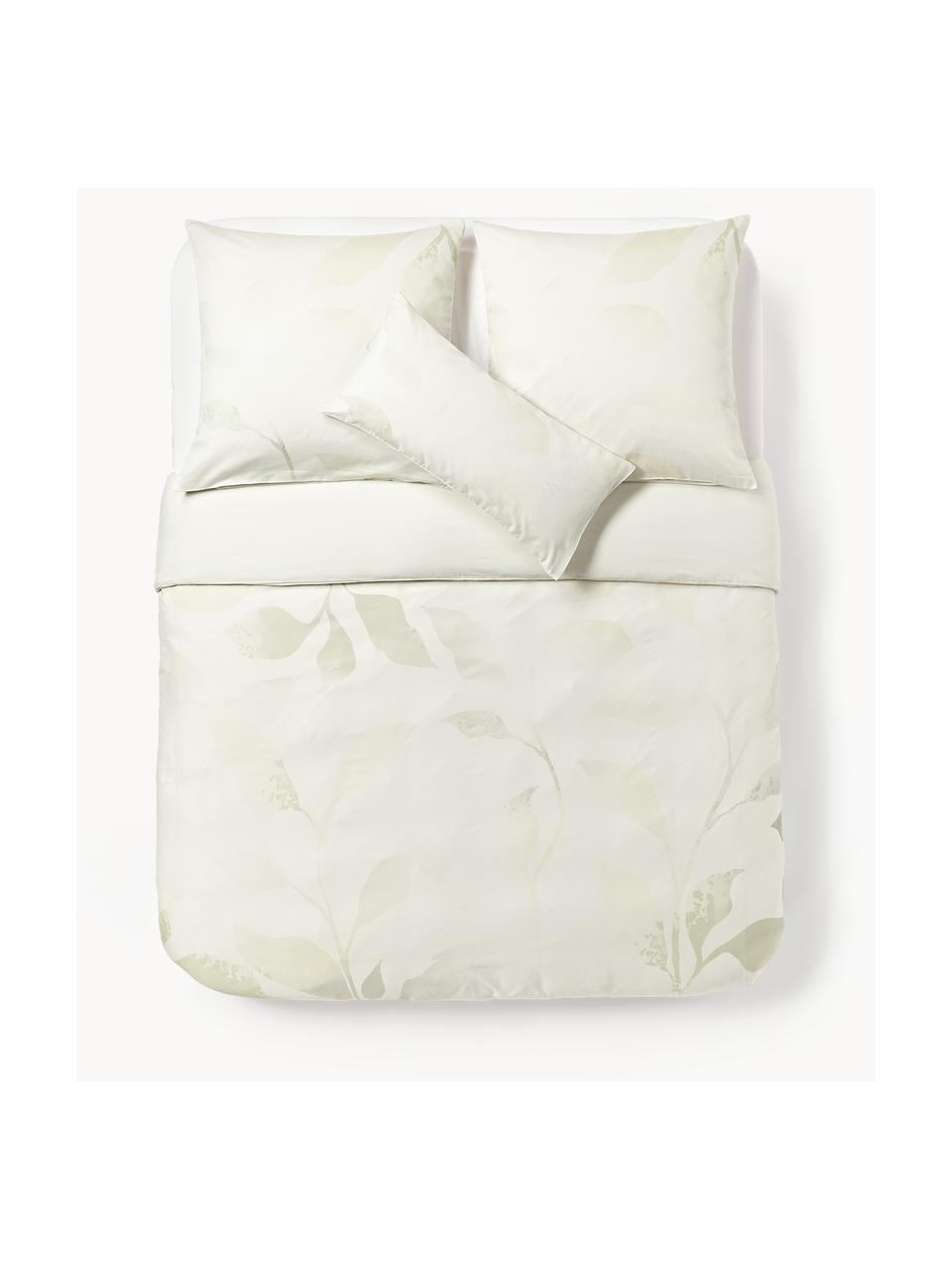 Housse de couette à imprimé floral en satin de coton Marino, Beige, tons verts, larg. 200 x long. 200 cm
