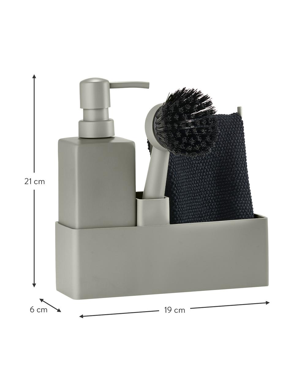 Distributeur de liquide vaisselle avec brosse à vaisselle Parta, 3 élém., Céramique, silicone, Gris, noir, larg. 19 x haut. 21 cm