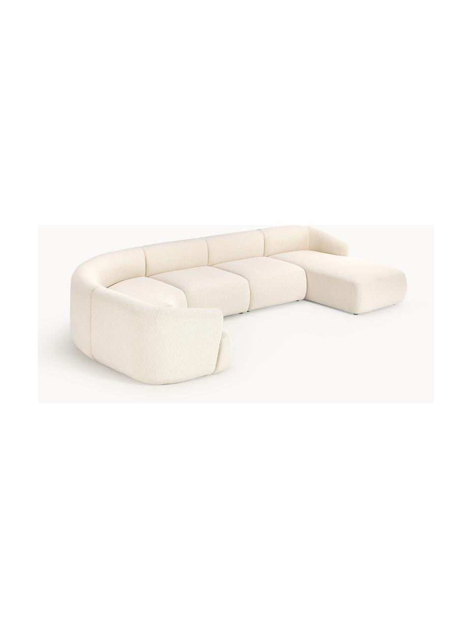 Sofa modułowa Bouclé Sofia, Tapicerka: Bouclé (100% poliester) D, Stelaż: drewno świerkowe, płyta w, Nogi: tworzywo sztuczne Ten pro, Bouclé w odcieniu złamanej bieli, S 404 x G 231 cm, prawostronna