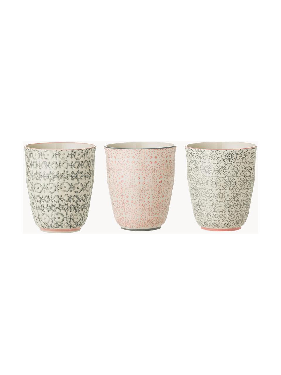 Mugs à motifs Cécile, 3 élém., Grès cérame, Beige, gris, rose, Ø 9 x haut. 10 cm, 250 ml