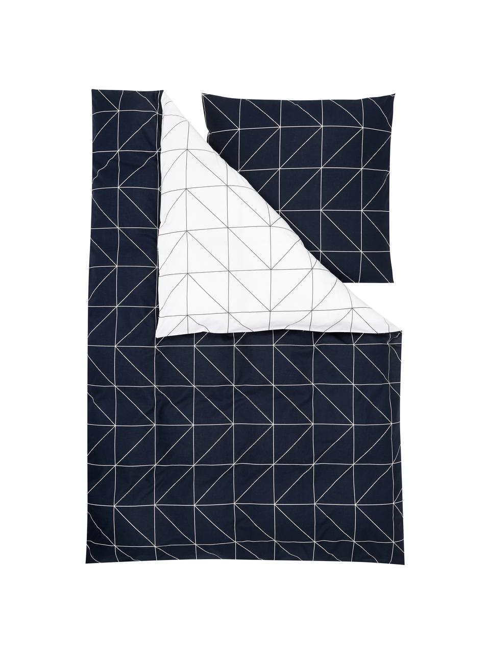 Obojstranná posteľná bielizeň z bavlny s grafickým vzorom Marla, Námornícka modrá, biela, 200 x 200 cm + 2 vankúše 80 x 80 cm