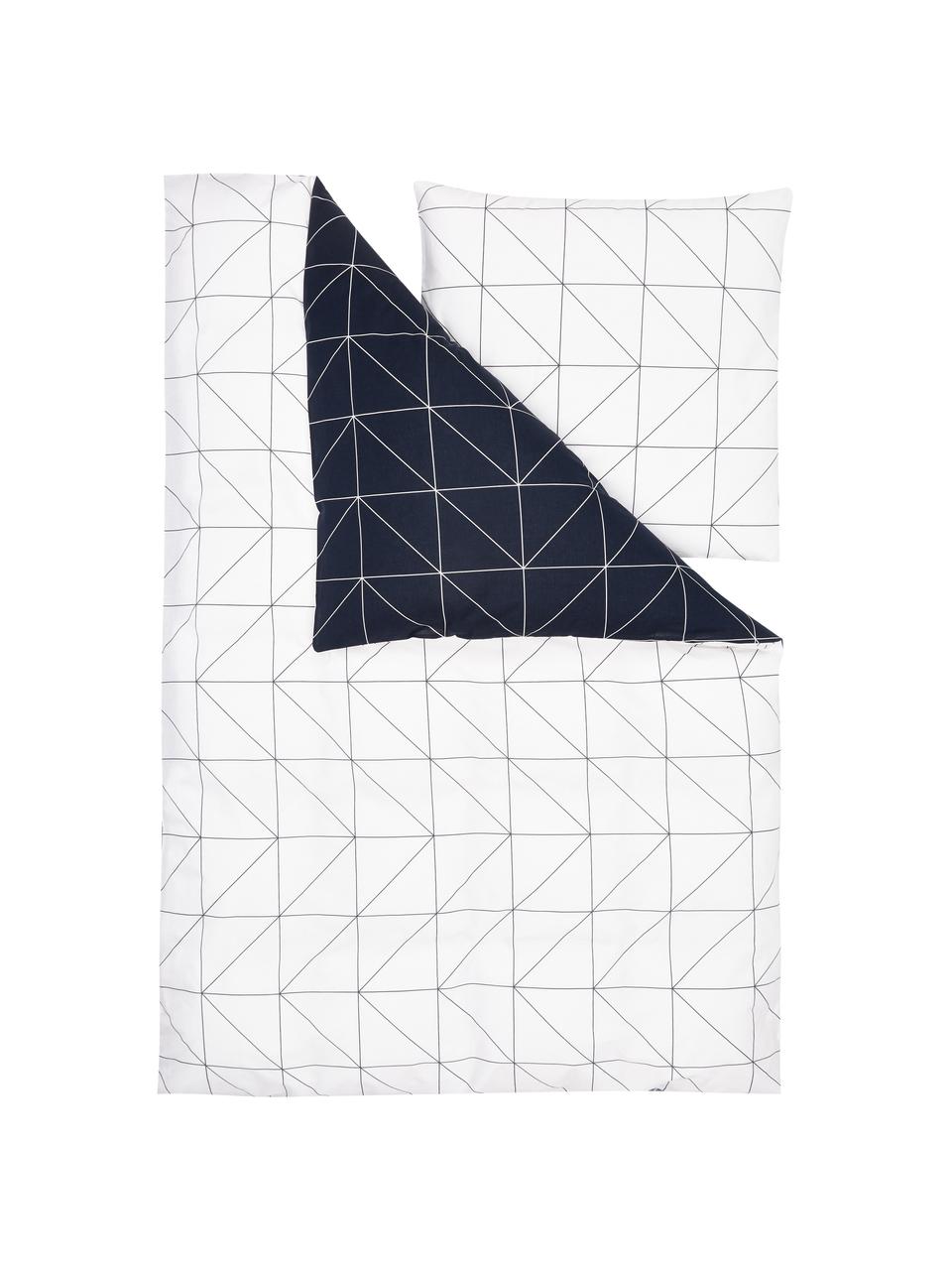 Baumwoll-Wendebettwäsche Marla mit grafischem Muster, Webart: Renforcé Fadendichte 144 , Dunkelblau, Weiß, 200 x 200 cm + 2 Kissen 80 x 80 cm