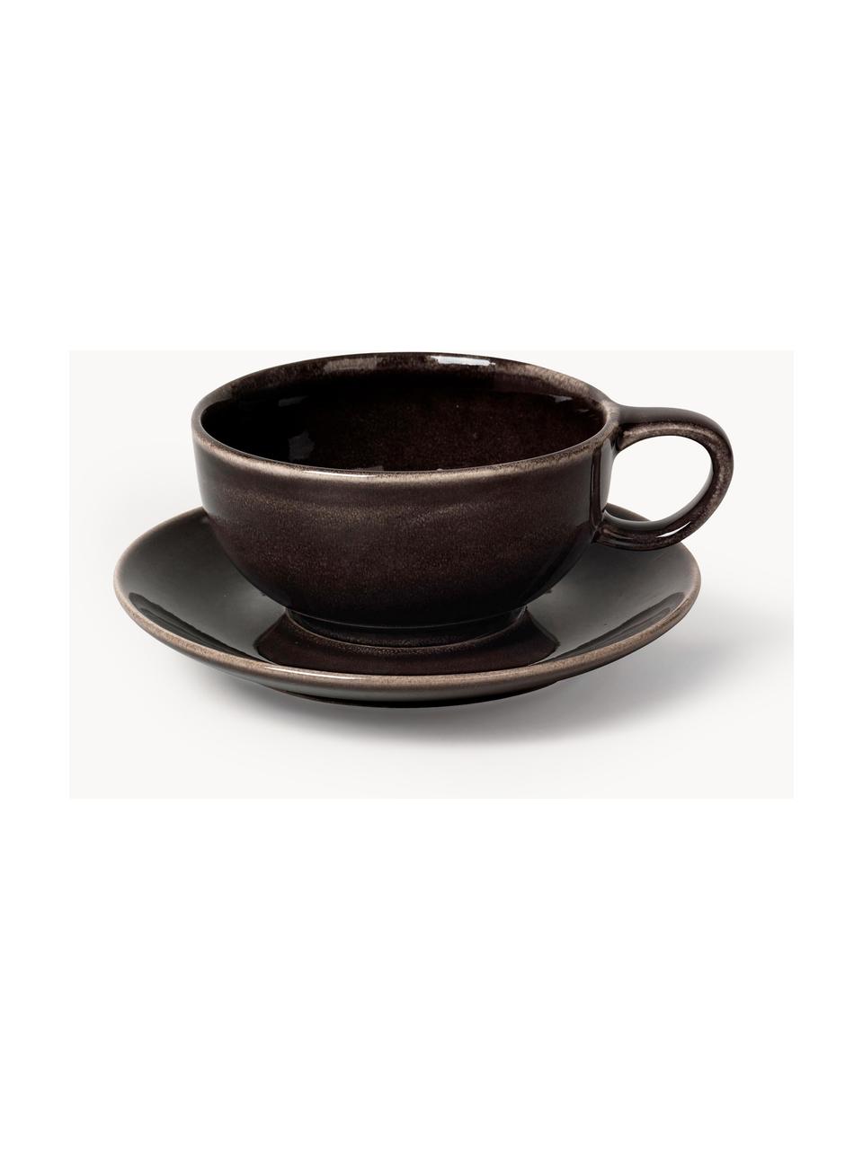 Handgemachte Teetasse Nordic Coal mit Untertasse, Steingut, Schwarz, gesprenkelt, Ø 11 x H 5 cm, 250 ml