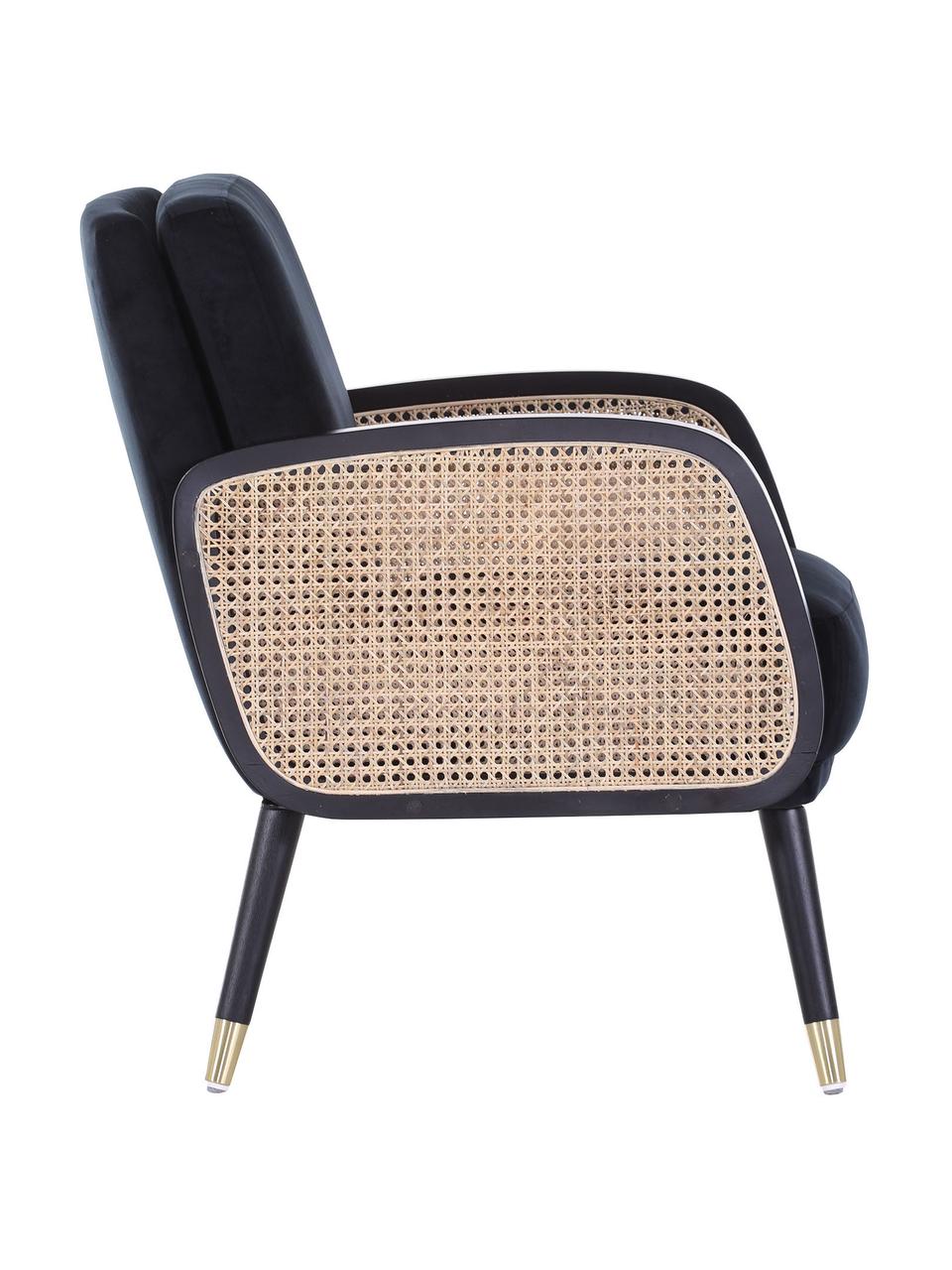 Fauteuil lounge avec cannage Hakoon, Tissu noir, beige, larg. 64 x prof. 75 cm