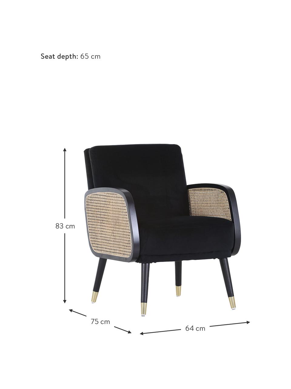 Loungesessel Hakoon mit Wiener Geflecht, Bezug: 100% Polyester, Armlehnen: Holz, Rattan, Beine: Holz, Webstoff Schwarz, Beige, B 64 x T 75 cm