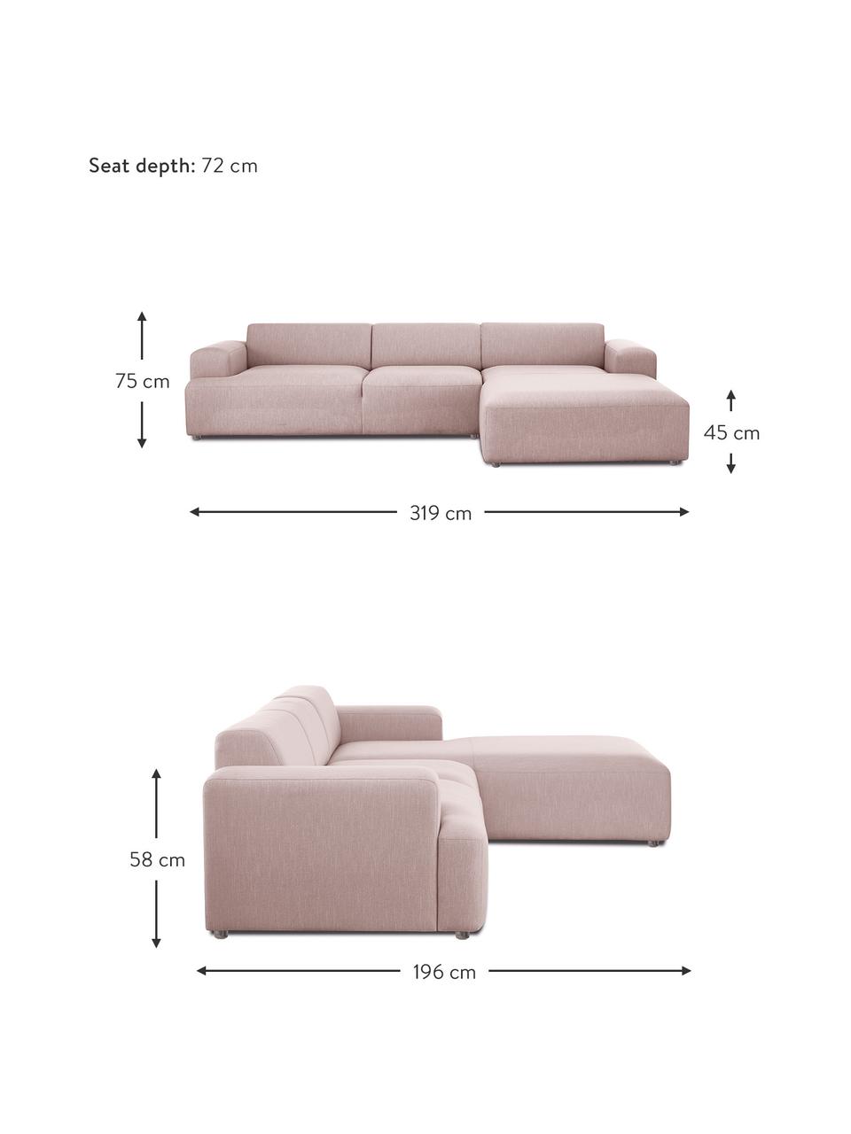 Canapé d'angle 4 places Melva, Tissu rose, larg. 319 x prof. 196 cm, méridienne à droite
