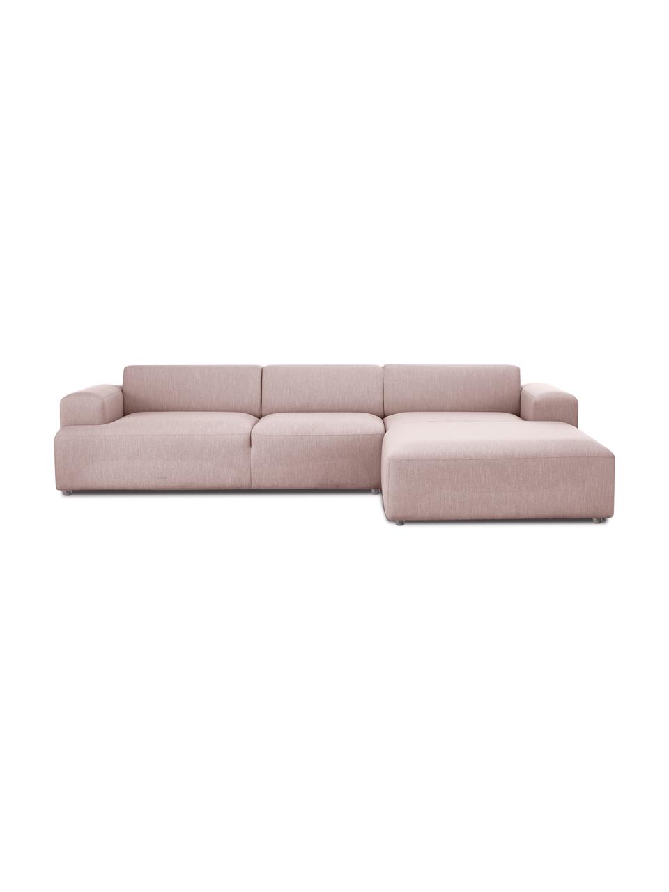 Sofa narożna Melva (4-osobowa), Tapicerka: 100% poliester Dzięki tka, Stelaż: lite drewno sosnowe z cer, Nogi: tworzywo sztuczne, Bladoróżowa tkanina, S 319 x G 196 cm, prawostronna