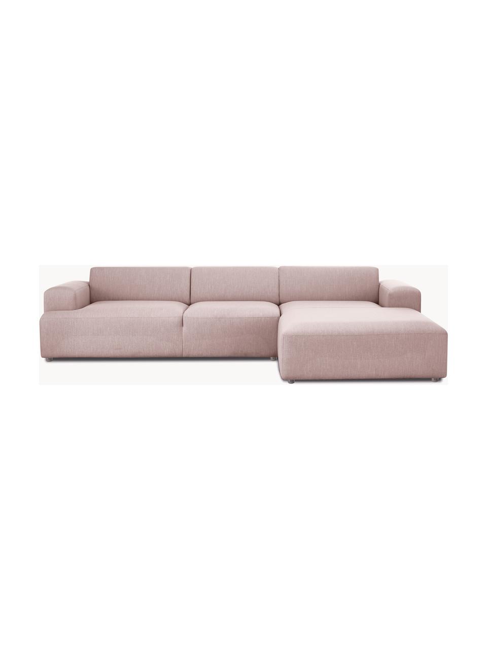 Divano angolare 4 posti Melva, Rivestimento: 100% poliestre Il rivesti, Struttura: pino massiccio, certifica, Tessuto rosa chiaro, Larg. 319 x Alt. 196 cm, chaise-longue a destra