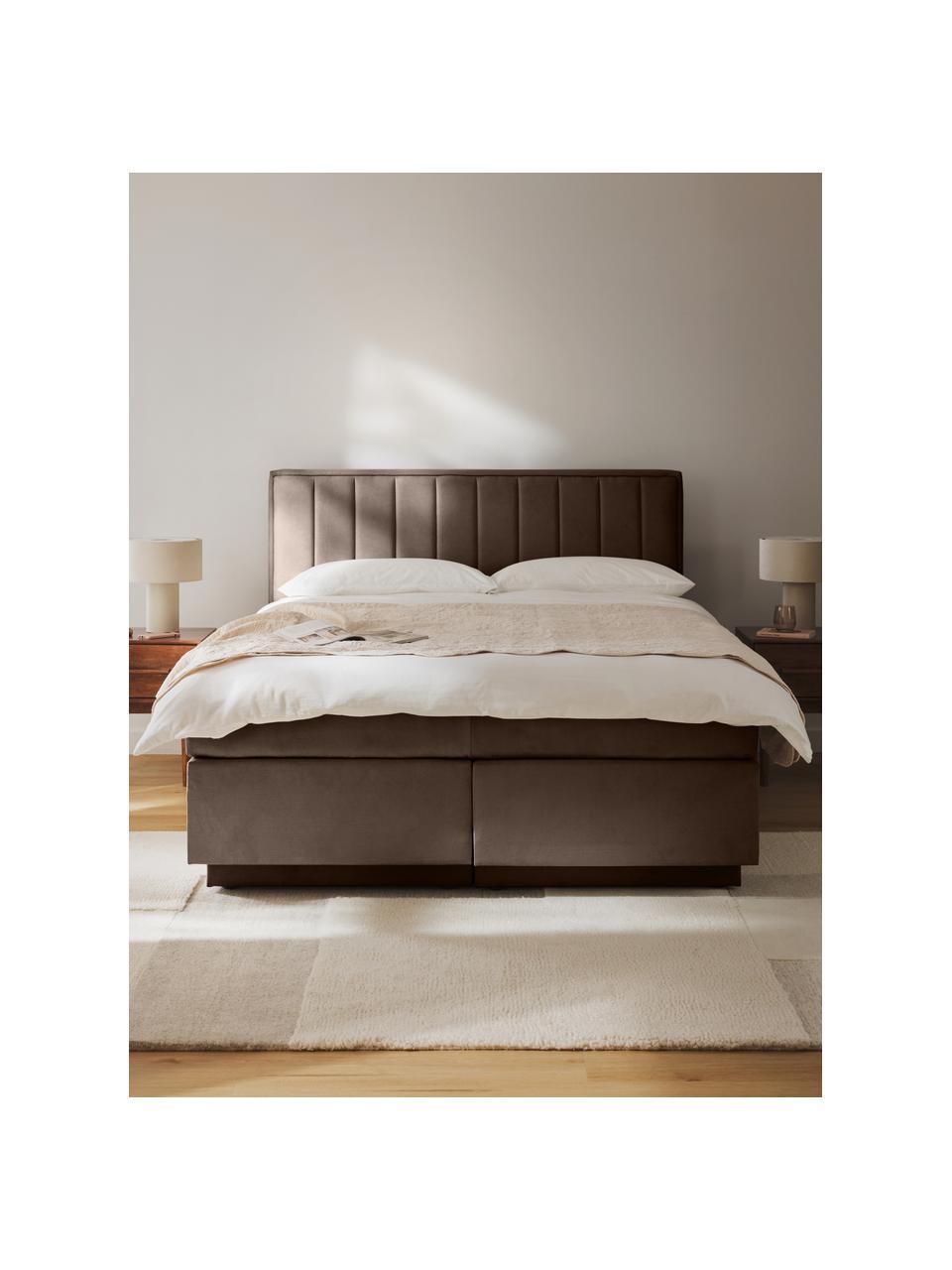 Cama continental Livia, con espacio de almacenamiento, Patas: plástico, Tejido marrón oscuro, An 140 x L 200 cm, dureza H2