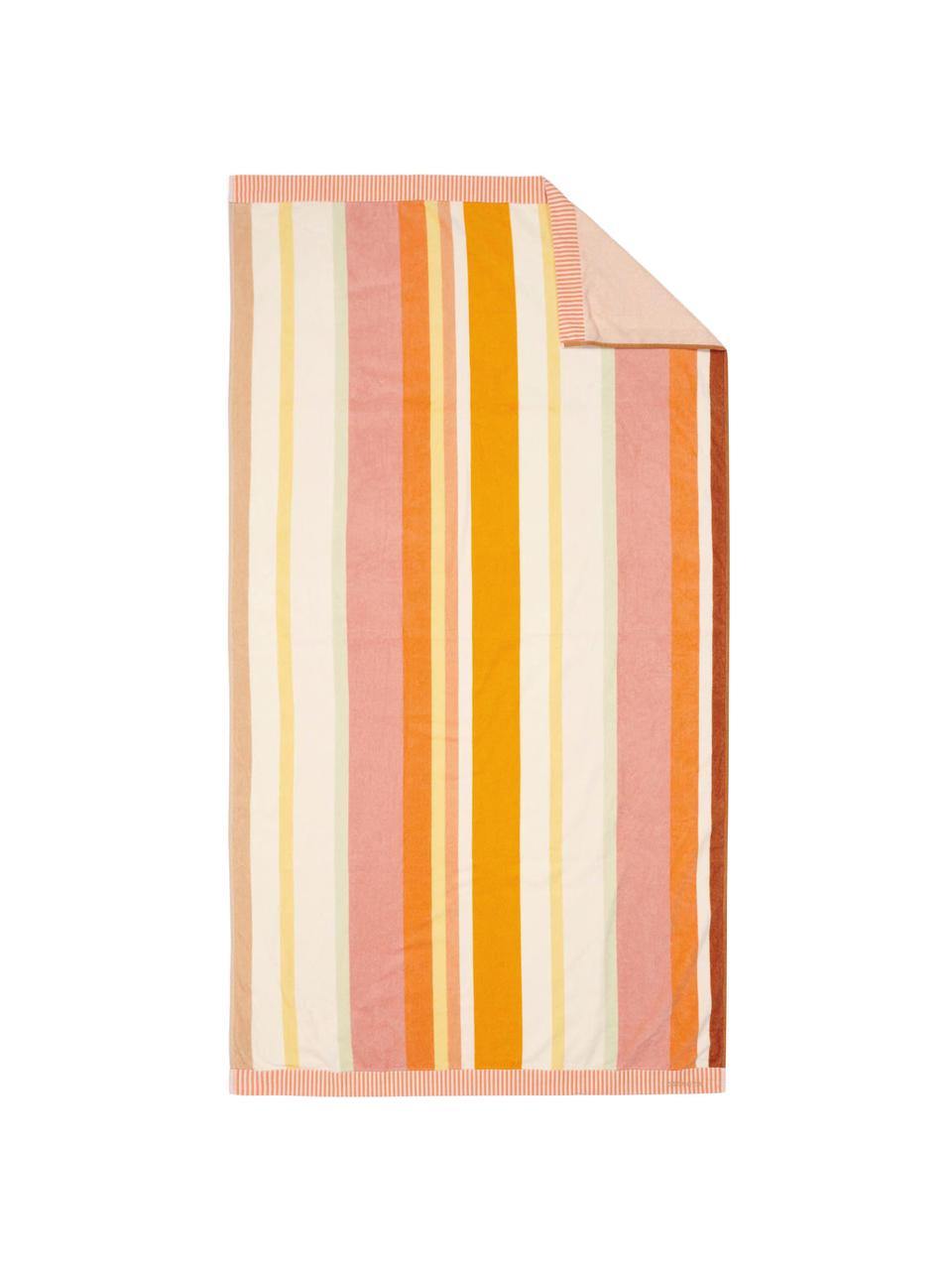 Fouta à rayures coton bio Feija, 100 % coton bio (velours), Rose, orange, blanc, larg. 100 x long. 180 cm